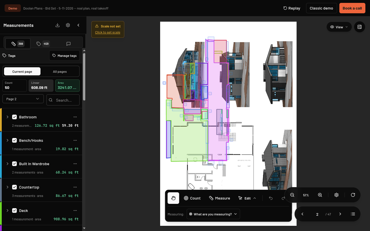 Struvia public demo viewer showing a plan and the historical snapshot's measurement list