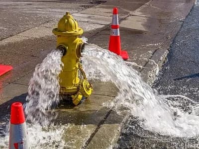 An image of a yellow fire hydrant flowing water on the side of the street, surrounded by orange safety cones.