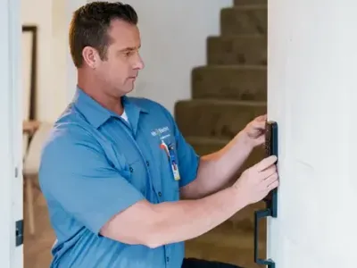 Professional electrician installing smart lock for home electrical repair service
