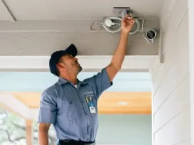 Electrician installing an outdoor security camera.