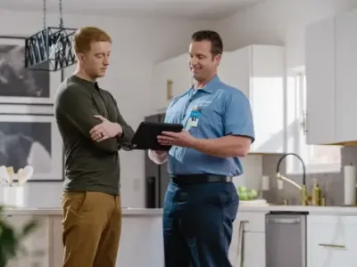 Home electrical repair service professional consulting with homeowner in kitchen