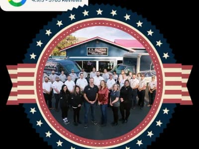A circle image showing the J.A. Bertsch team, circled by a red and blue starred icon.