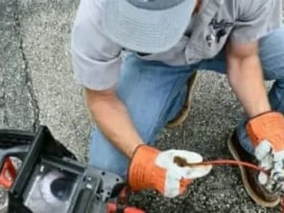 Worker kneeling down looking at the screen of a residential sewer camera