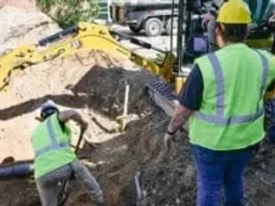 workers using mechanical plumbing excavator
