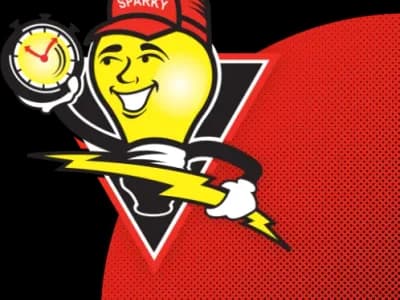Mister Sparky mascot holding a clock with a lightning bolt on a red and black background.