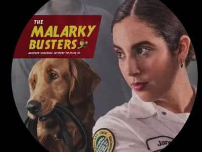 Close-up of female electrician named Jane with a dog; text reads 'The Malarky Busters.'