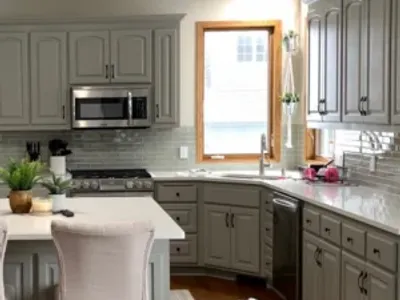 kitchen with gray cabinets