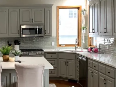 kitchen with gray cabinets