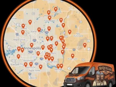 Map Of Minneapolis And Surrounding Areas With Multiple Service Location Markers, And A Mcquillan-Branded Service Van In The Foreground.