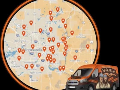 Map Of Minneapolis And Surrounding Areas With Multiple Service Location Markers, And A Mcquillan-Branded Service Van In The Foreground.