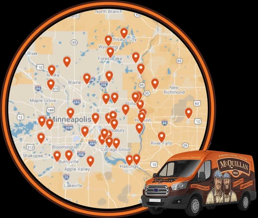 Map Of Minneapolis And Surrounding Areas With Multiple Service Location Markers, And A Mcquillan-Branded Service Van In The Foreground.