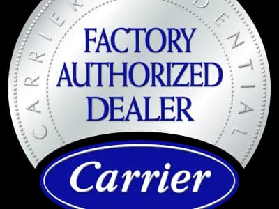 Round badge with text: "Factory Authorized Dealer" and "Carrier" on a blue oval. Outer ring says "Carrier Residential." Bottom text reads: "Turn to the experts.