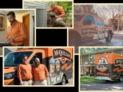 Collage Of Air Conditioning Service Technicians In Orange Shirts Working, Consulting With A Customer, And Branded Mcquillan Trucks And Buildings.