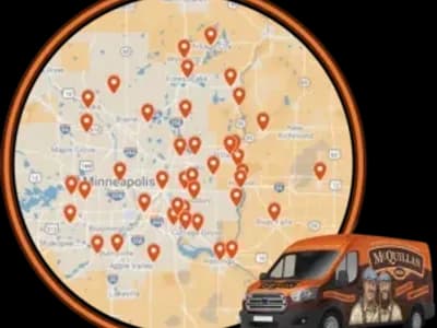 Map Of Minneapolis And Surrounding Areas With Multiple Service Location Markers, And A Mcquillan-Branded Service Van In The Foreground.