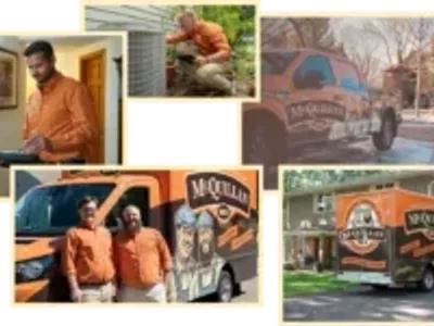 Collage Of Air Conditioning Service Technicians In Orange Shirts Working, Consulting With A Customer, And Branded Mcquillan Trucks And Buildings.
