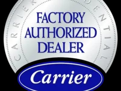 Round badge with text: "Factory Authorized Dealer" and "Carrier" on a blue oval. Outer ring says "Carrier Residential." Bottom text reads: "Turn to the experts.