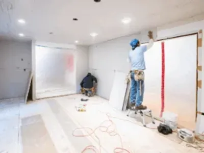 Workers installing drywall in a room.
