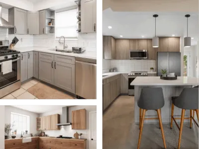 Modern kitchen interiors with various cabinet styles.
