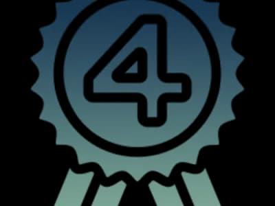 Blue badge with number four and ribbons.