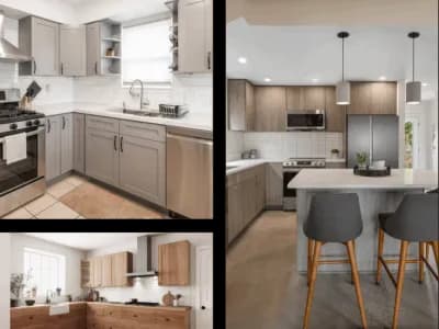 Modern kitchen interiors with various cabinet styles.