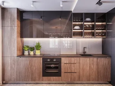 Modern kitchen with wooden cabinets and plants.