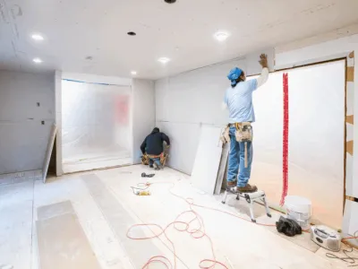 Workers installing drywall in a room.