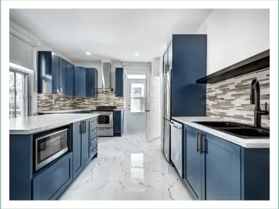 Modern kitchen with blue cabinets and appliances.