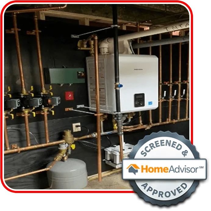 A wall-mounted boiler system with copper piping is installed in a utility area. A “Screened & Approved” badge from HomeAdvisor is overlaid in the lower right corner of the image.