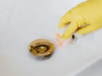 Person cleaning a sink drain.