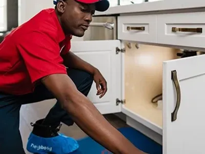 Mr. Rooter professional working under a sink.