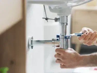 Plumber hands using a wrench to tighten a pipe