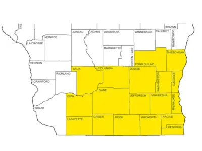 Highlighted service areas for Robert's Plumbing over the southeastern corner of Wisconsin from Sauk county to Kenosha county