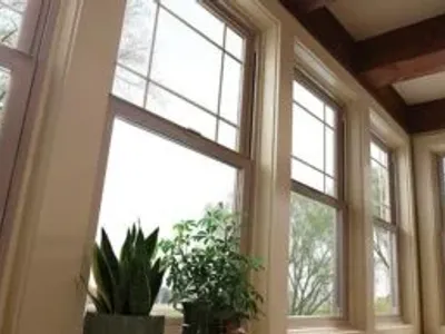three milgard windows with plants