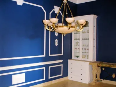 Newly painted blue walls with white trim
