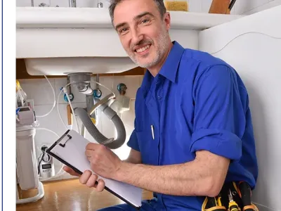 Plumbing technician checking water installation under the sink of a home kitchen with notepad.