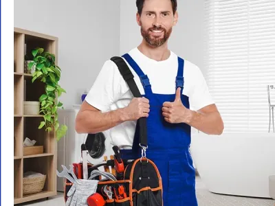 Plumber with bag of instruments showing thumbs up in bathroom