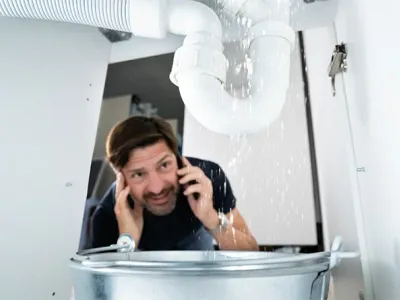 Worried Man Calling Plumber While Watching Water Leaking From Sink