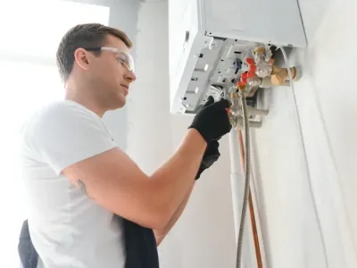 Professional plumber checking a boiler and pipes, boiler service concept.