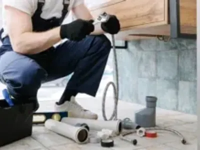Plumber man fix repair service wraps fluoroplastic sealing material tape around faucet hose.