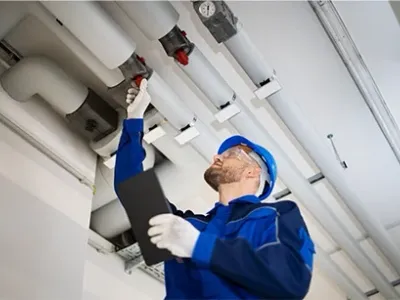 PVC Water Pipe Inspection By Construction Worker