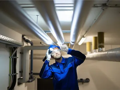 PVC Water Pipe Inspection By Construction Worker