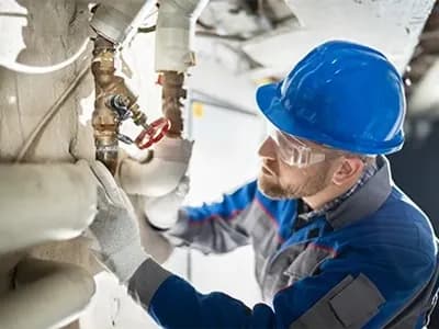 Male Worker Inspecting Water Valve For Leaks In Basement