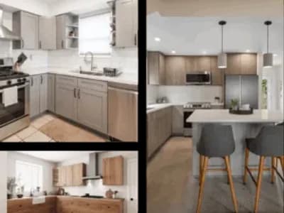 Modern kitchen interiors with various cabinet styles.