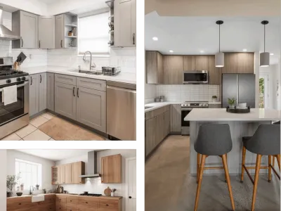 Modern kitchen interiors with various cabinet styles.