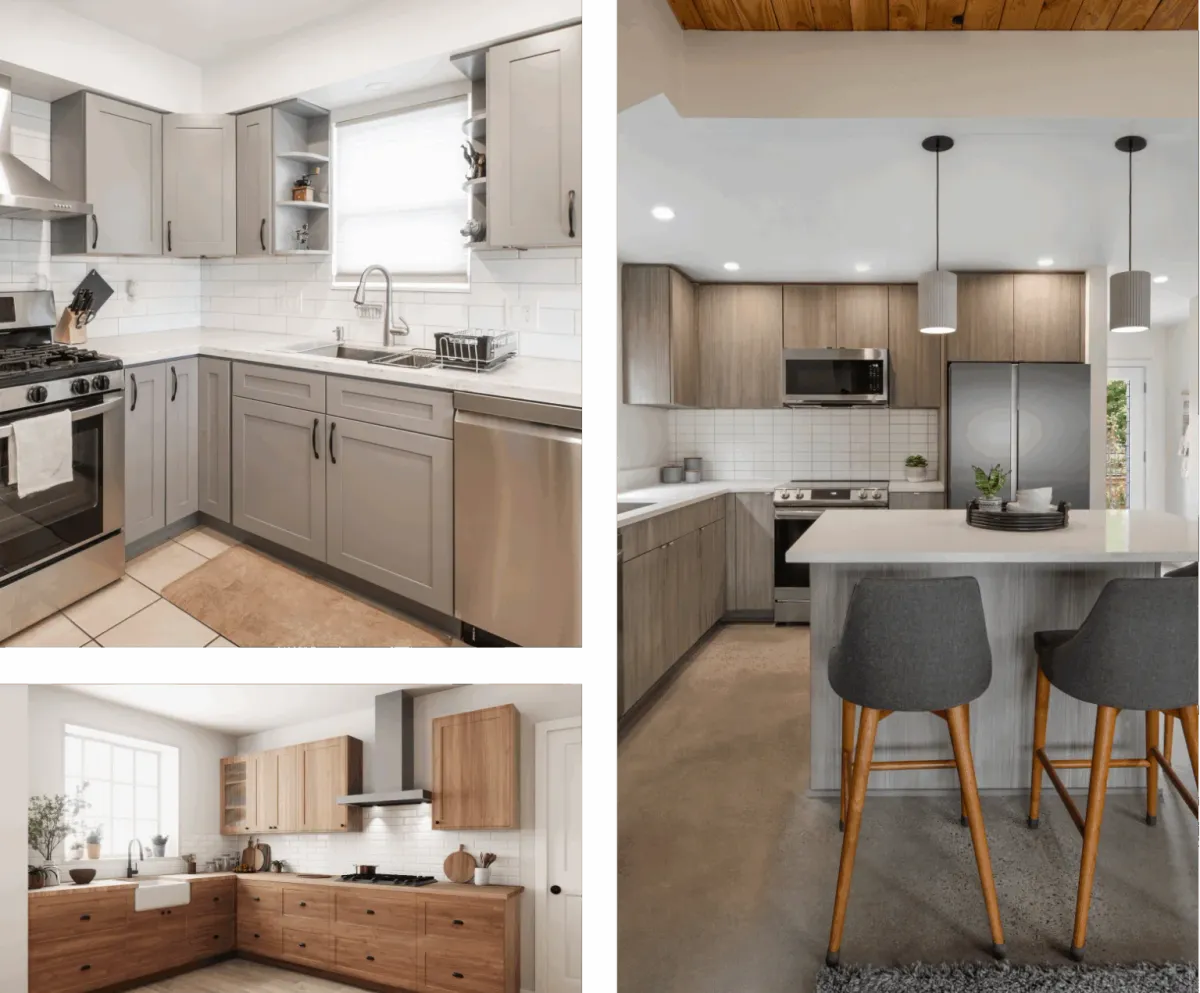 Modern kitchen interiors with various cabinet styles.