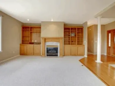 Living room with fireplace and built-in shelves.