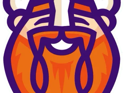 Illustrated smiling face of a bearded Viking with horned helmet.