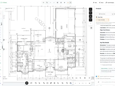 Bidi plan viewer with a retail floor plan, AI Ready status, and analysis sidebar showing footing quantities and chat