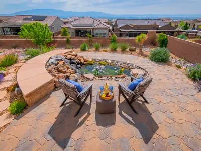 New Mexico Water Feature Koi Pond Backyard Patio Belgard Mega Arbel Toscana FX Lighting