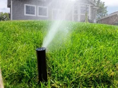 Irrigation system turned on in a residential backyard